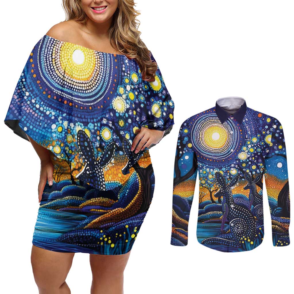 Australian Night Sky Landscape Couples Matching Off Shoulder Short Dress and Long Sleeve Button Shirt Aboriginal Dreamtime Story