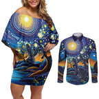 Australian Night Sky Landscape Couples Matching Off Shoulder Short Dress and Long Sleeve Button Shirt Aboriginal Dreamtime Story