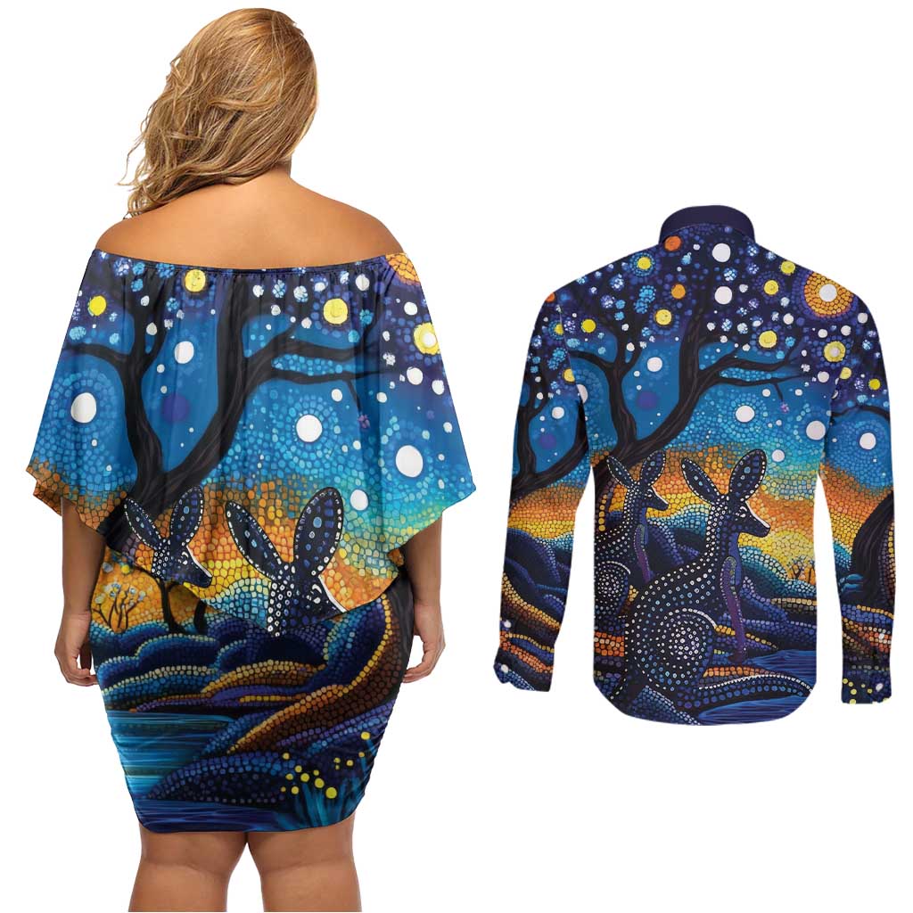 Australian Night Sky Landscape Couples Matching Off Shoulder Short Dress and Long Sleeve Button Shirt Aboriginal Dreamtime Story