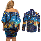 Australian Night Sky Landscape Couples Matching Off Shoulder Short Dress and Long Sleeve Button Shirt Aboriginal Dreamtime Story