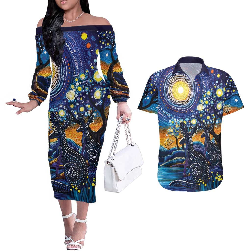 Australian Night Sky Landscape Couples Matching Off The Shoulder Long Sleeve Dress and Hawaiian Shirt Aboriginal Dreamtime Story