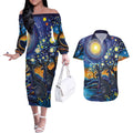 Australian Night Sky Landscape Couples Matching Off The Shoulder Long Sleeve Dress and Hawaiian Shirt Aboriginal Dreamtime Story