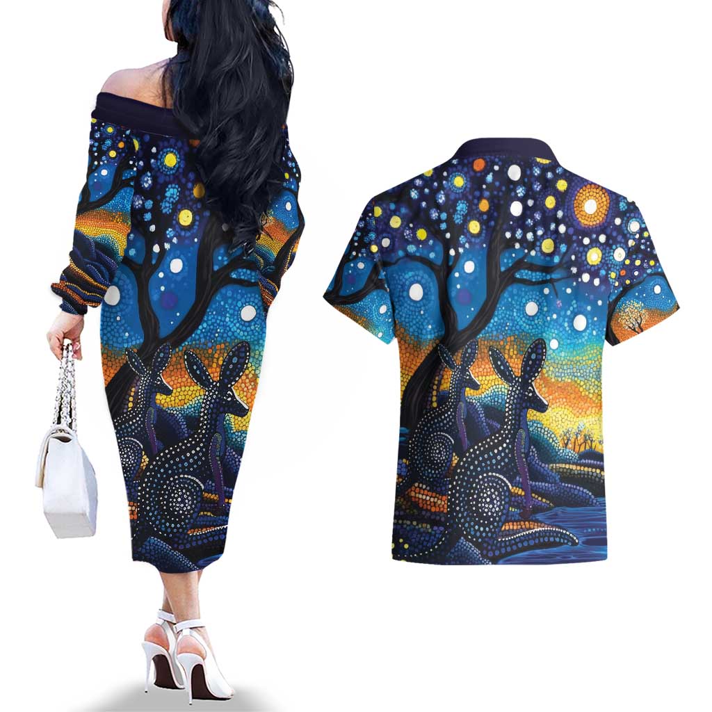 Australian Night Sky Landscape Couples Matching Off The Shoulder Long Sleeve Dress and Hawaiian Shirt Aboriginal Dreamtime Story
