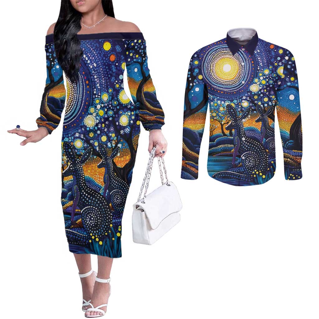 Australian Night Sky Landscape Couples Matching Off The Shoulder Long Sleeve Dress and Long Sleeve Button Shirt Aboriginal Dreamtime Story