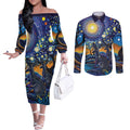 Australian Night Sky Landscape Couples Matching Off The Shoulder Long Sleeve Dress and Long Sleeve Button Shirt Aboriginal Dreamtime Story