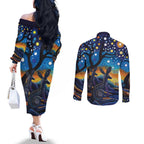 Australian Night Sky Landscape Couples Matching Off The Shoulder Long Sleeve Dress and Long Sleeve Button Shirt Aboriginal Dreamtime Story