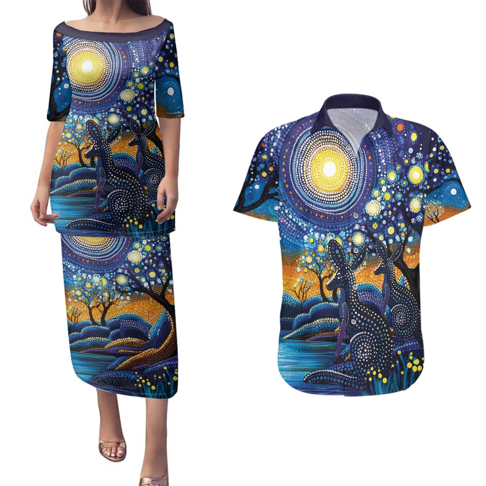 Australian Night Sky Landscape Couples Matching Puletasi and Hawaiian Shirt Aboriginal Dreamtime Story