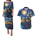 Australian Night Sky Landscape Couples Matching Puletasi and Hawaiian Shirt Aboriginal Dreamtime Story