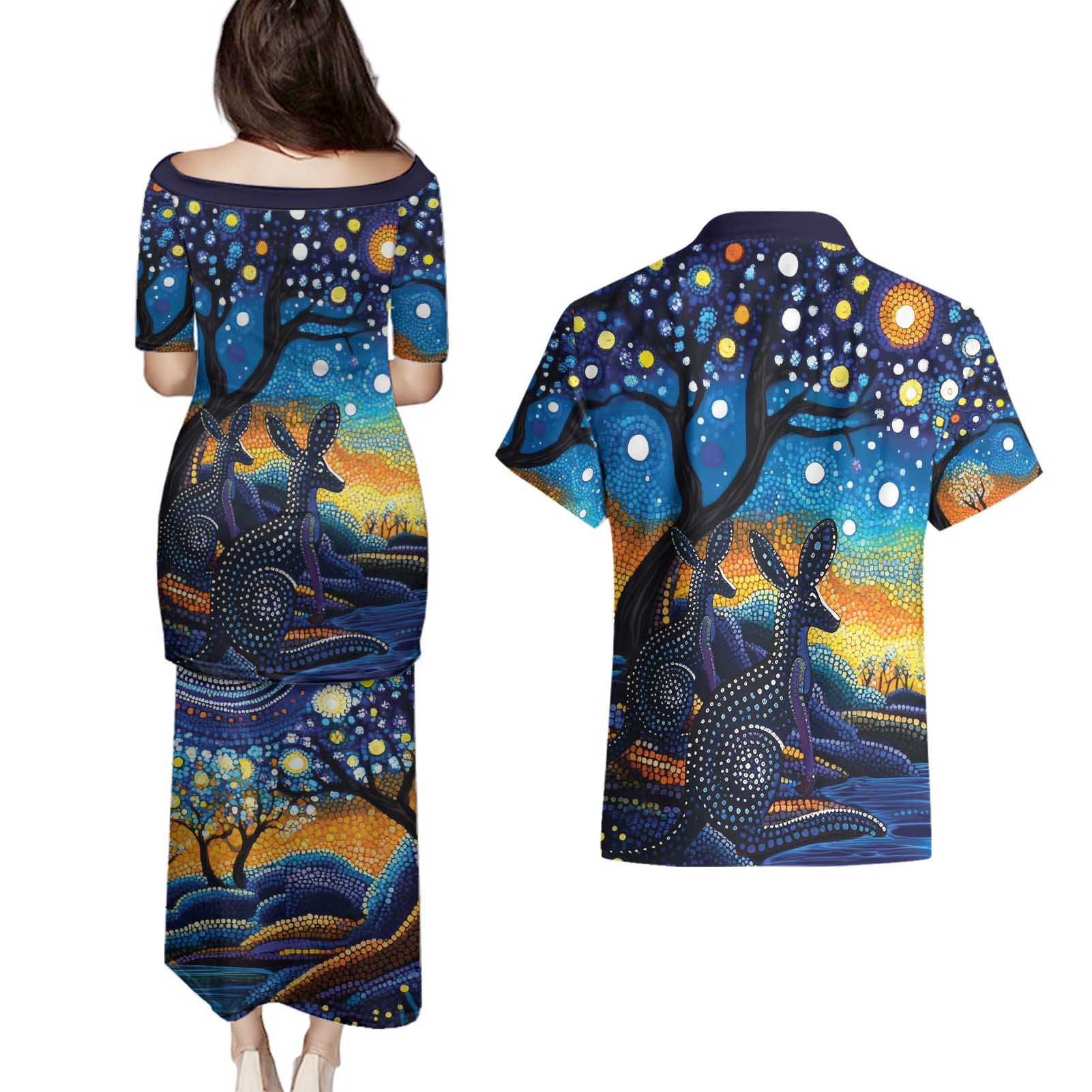 Australian Night Sky Landscape Couples Matching Puletasi and Hawaiian Shirt Aboriginal Dreamtime Story