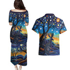 Australian Night Sky Landscape Couples Matching Puletasi and Hawaiian Shirt Aboriginal Dreamtime Story
