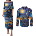 Australian Night Sky Landscape Couples Matching Puletasi and Long Sleeve Button Shirt Aboriginal Dreamtime Story