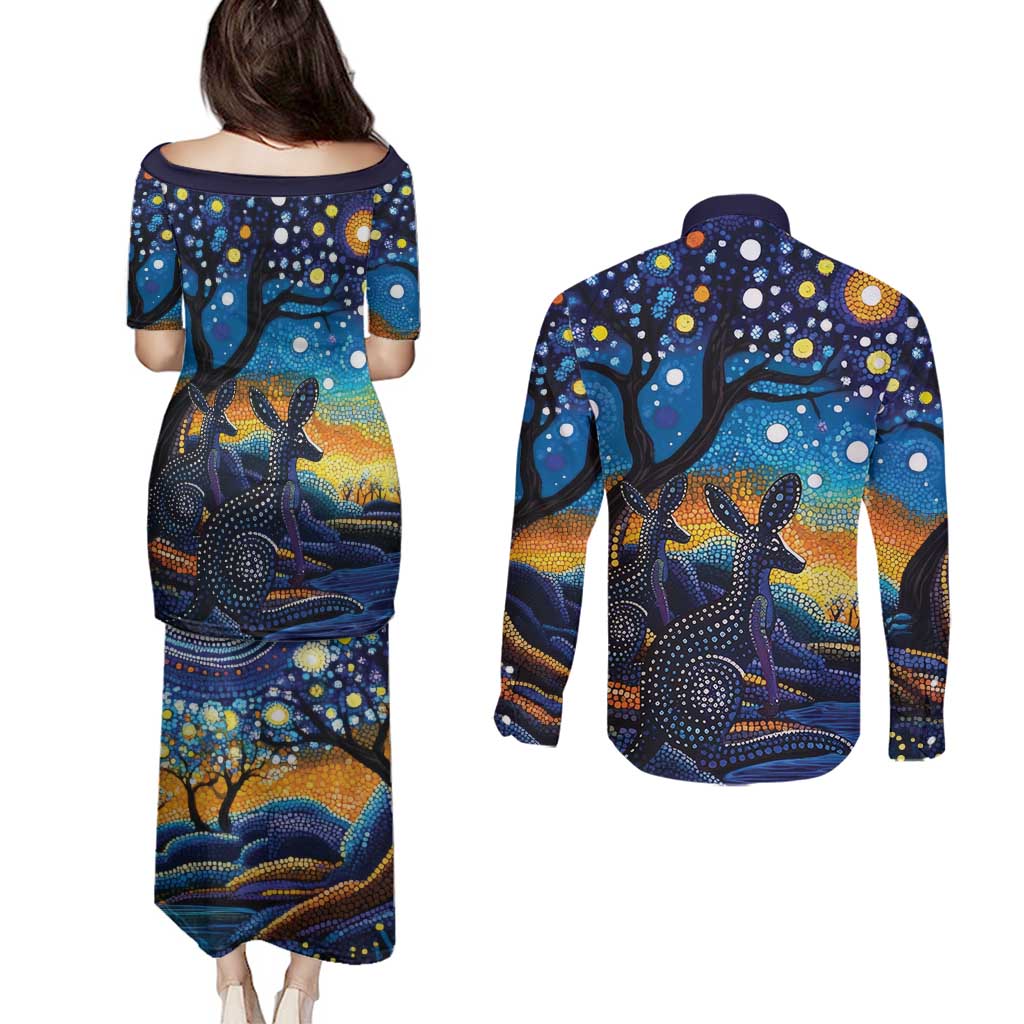 Australian Night Sky Landscape Couples Matching Puletasi and Long Sleeve Button Shirt Aboriginal Dreamtime Story