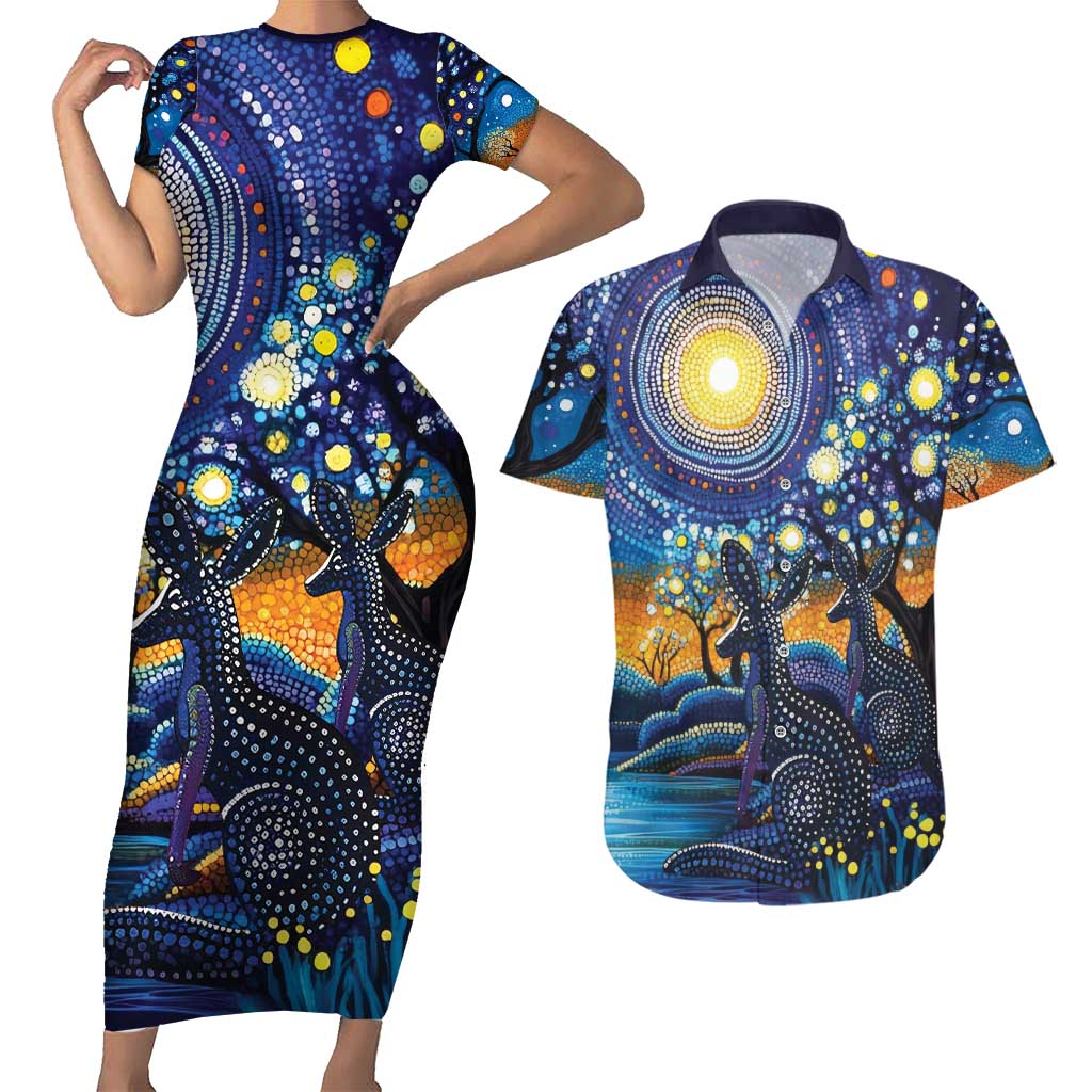 Australian Night Sky Landscape Couples Matching Short Sleeve Bodycon Dress and Hawaiian Shirt Aboriginal Dreamtime Story