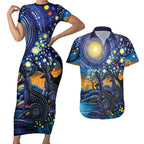 Australian Night Sky Landscape Couples Matching Short Sleeve Bodycon Dress and Hawaiian Shirt Aboriginal Dreamtime Story