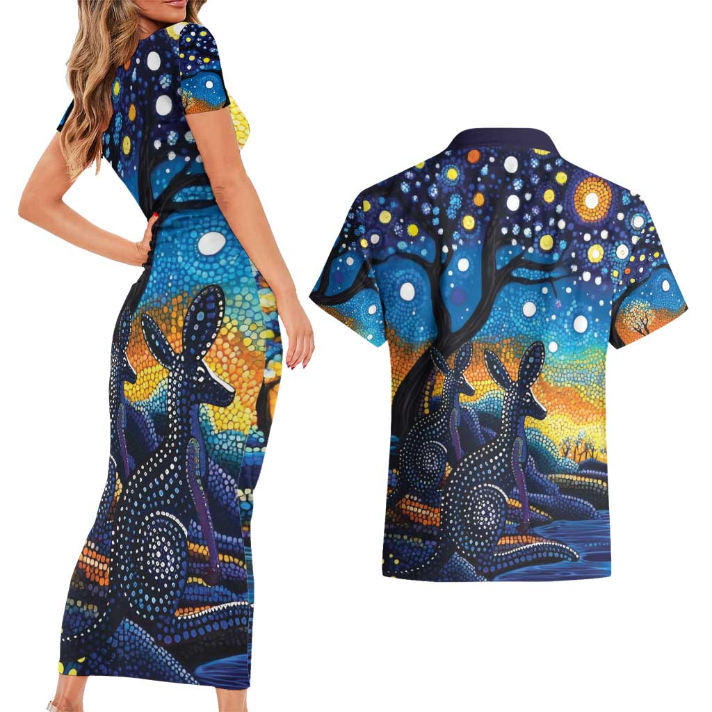 Australian Night Sky Landscape Couples Matching Short Sleeve Bodycon Dress and Hawaiian Shirt Aboriginal Dreamtime Story