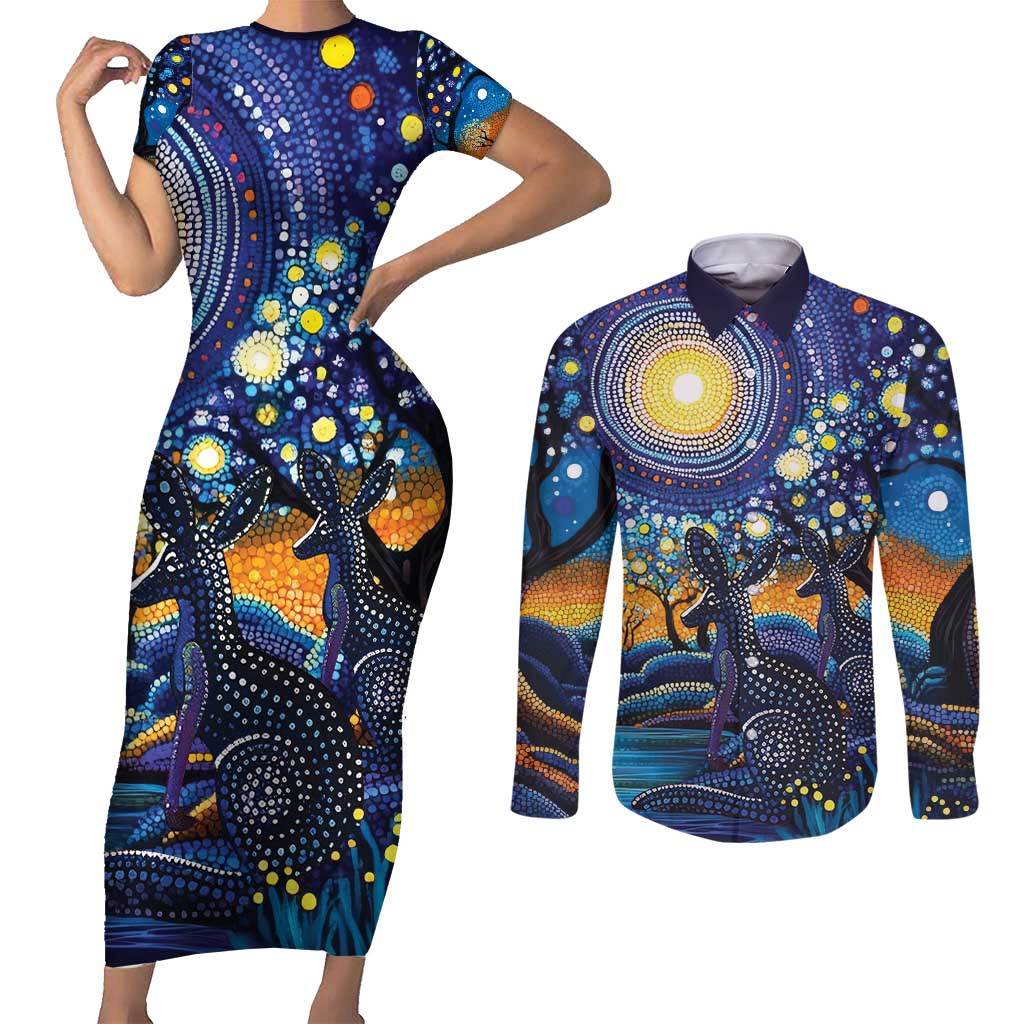 Australian Night Sky Landscape Couples Matching Short Sleeve Bodycon Dress and Long Sleeve Button Shirt Aboriginal Dreamtime Story