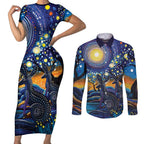 Australian Night Sky Landscape Couples Matching Short Sleeve Bodycon Dress and Long Sleeve Button Shirt Aboriginal Dreamtime Story