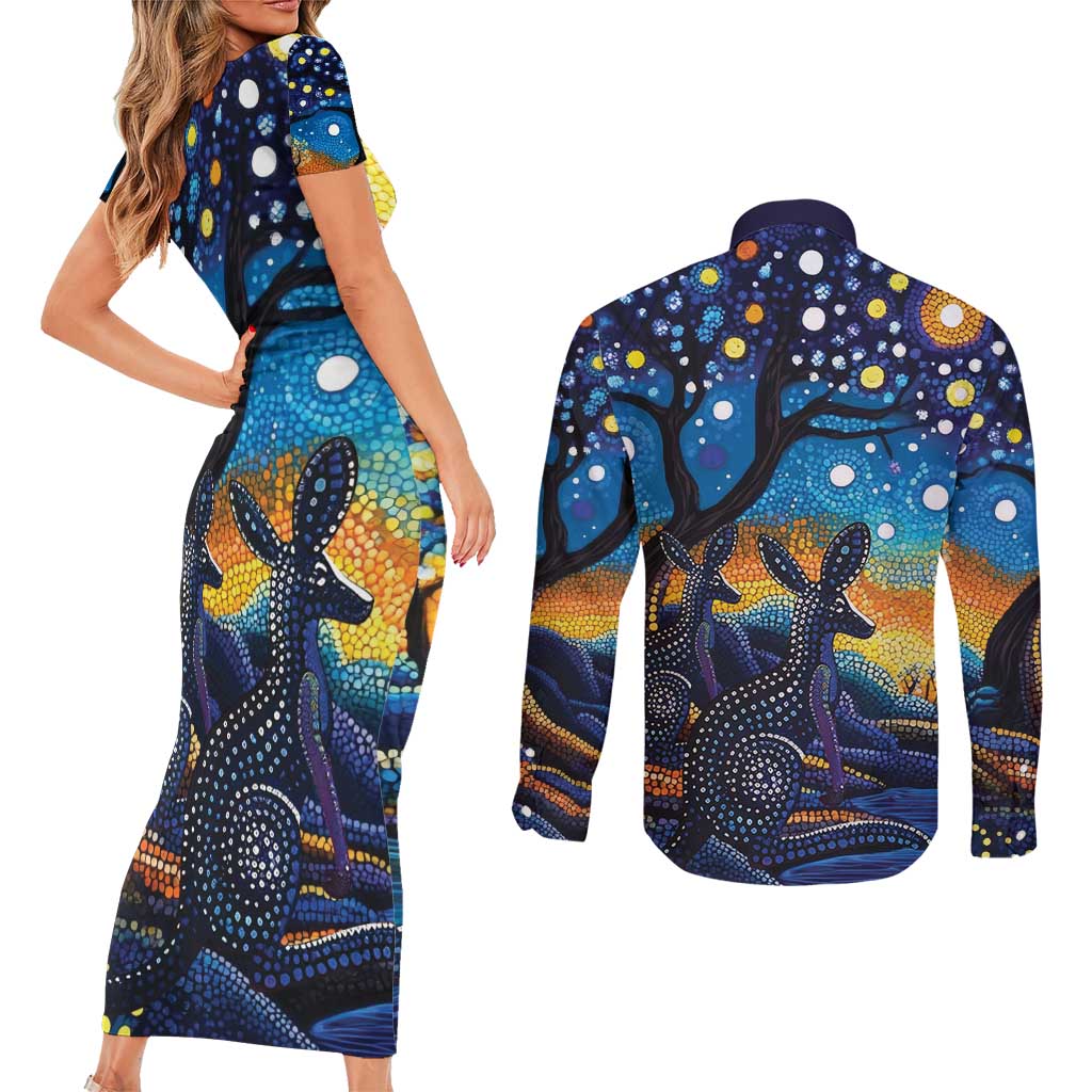 Australian Night Sky Landscape Couples Matching Short Sleeve Bodycon Dress and Long Sleeve Button Shirt Aboriginal Dreamtime Story