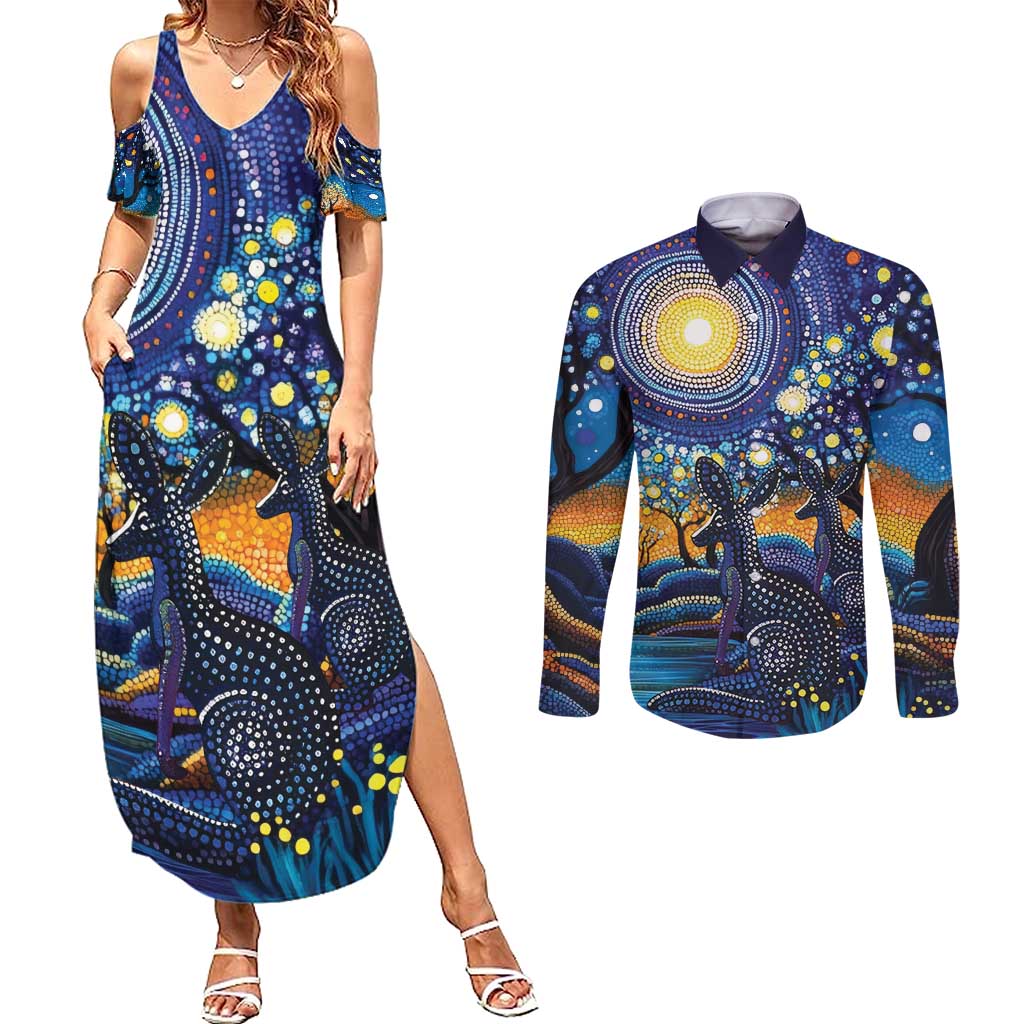 Australian Night Sky Landscape Couples Matching Summer Maxi Dress and Long Sleeve Button Shirt Aboriginal Dreamtime Story