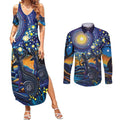 Australian Night Sky Landscape Couples Matching Summer Maxi Dress and Long Sleeve Button Shirt Aboriginal Dreamtime Story