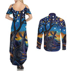Australian Night Sky Landscape Couples Matching Summer Maxi Dress and Long Sleeve Button Shirt Aboriginal Dreamtime Story