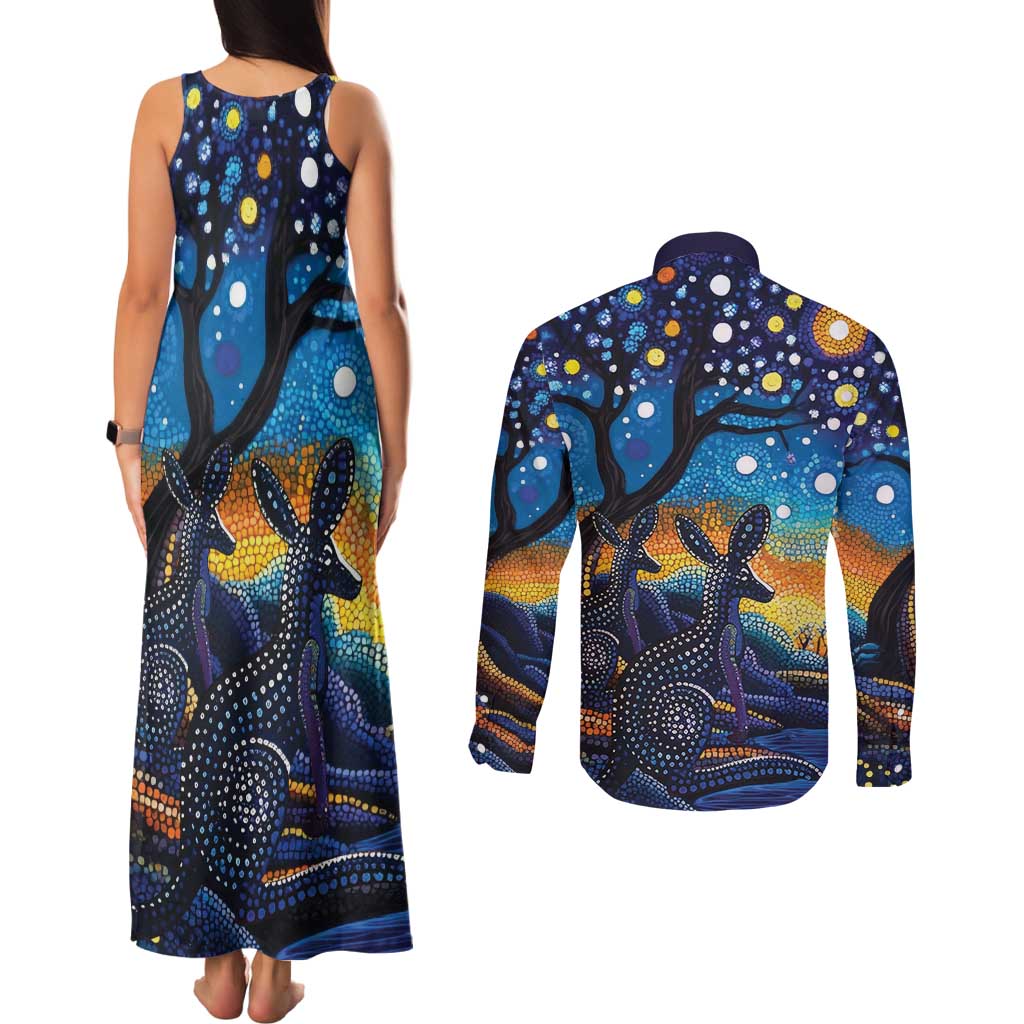 Australian Night Sky Landscape Couples Matching Tank Maxi Dress and Long Sleeve Button Shirt Aboriginal Dreamtime Story