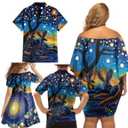 Australian Night Sky Landscape Family Matching Off Shoulder Short Dress and Hawaiian Shirt Aboriginal Dreamtime Story
