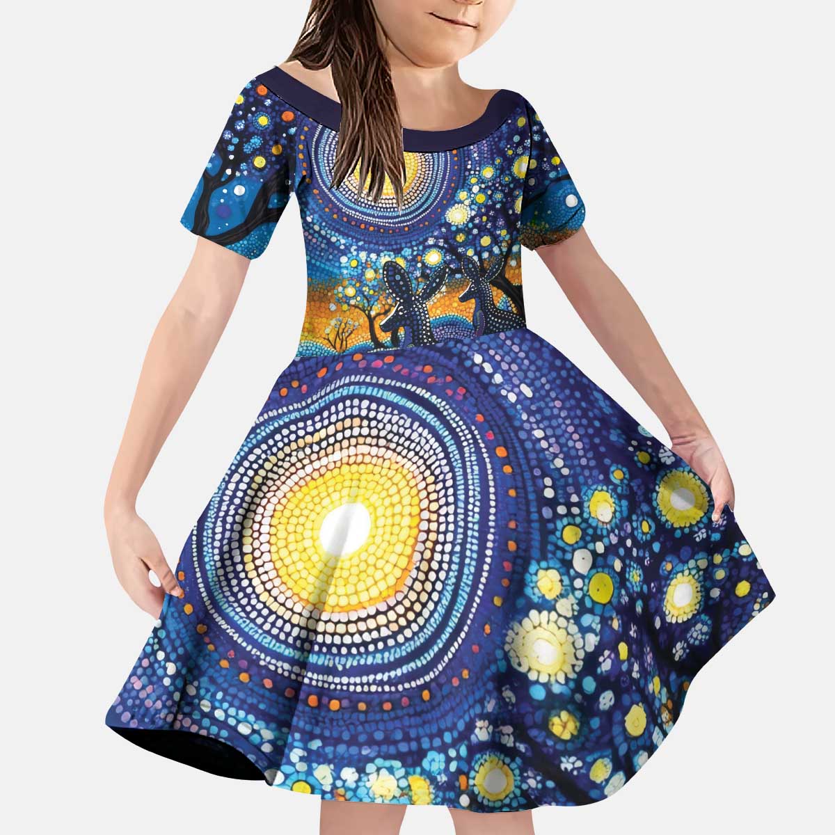 Australian Night Sky Landscape Kid Short Sleeve Dress Aboriginal Dreamtime Story