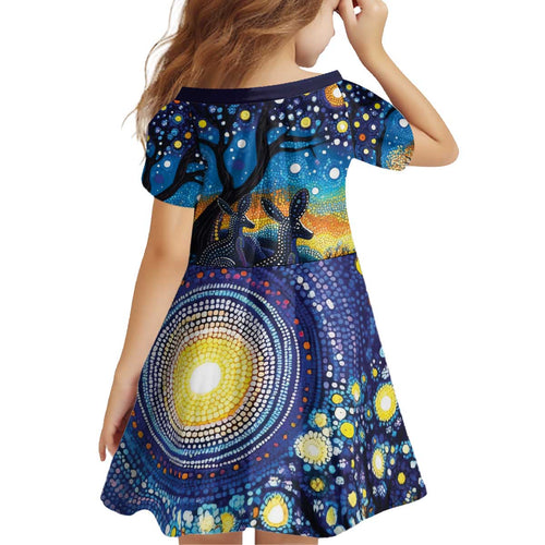 Australian Night Sky Landscape Kid Short Sleeve Dress Aboriginal Dreamtime Story