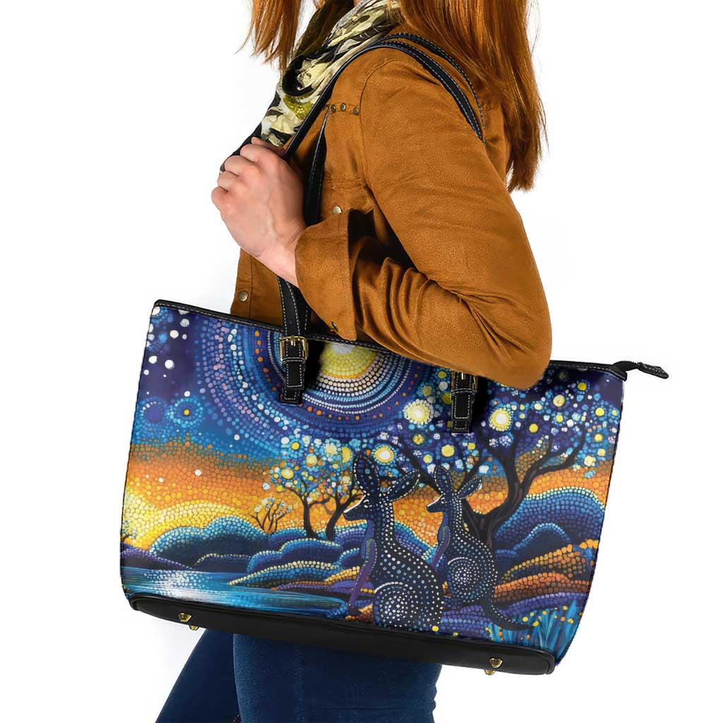 Australian Night Sky Landscape Leather Tote Bag Aboriginal Dreamtime Story