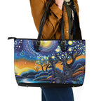 Australian Night Sky Landscape Leather Tote Bag Aboriginal Dreamtime Story