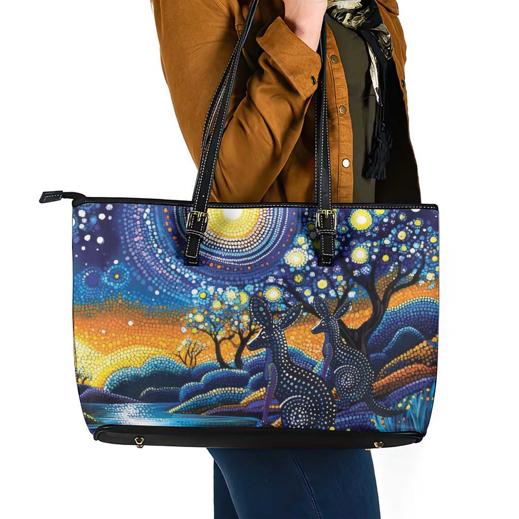 Australian Night Sky Landscape Leather Tote Bag Aboriginal Dreamtime Story
