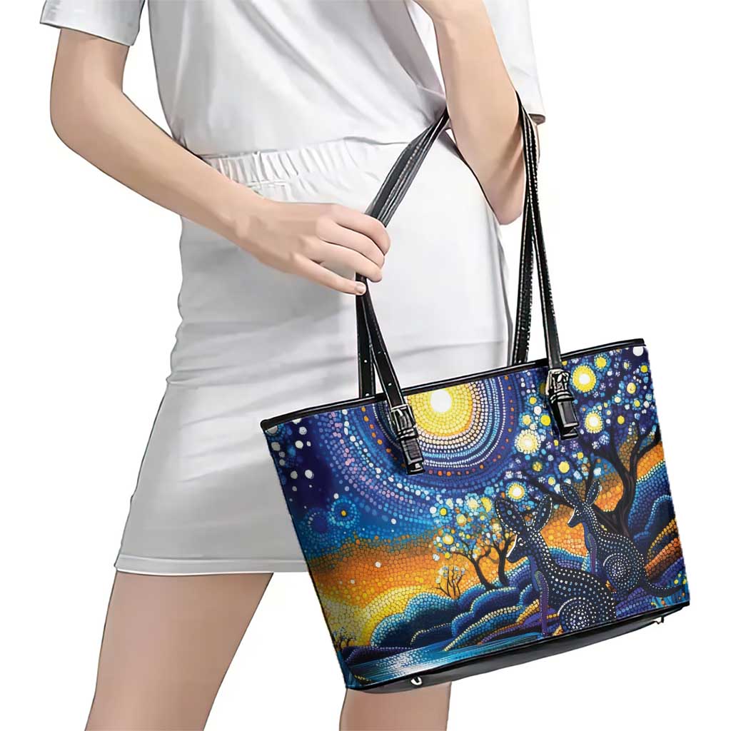 Australian Night Sky Landscape Leather Tote Bag Aboriginal Dreamtime Story