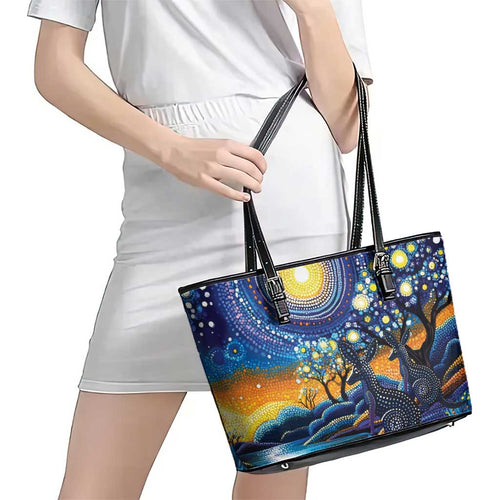 Australian Night Sky Landscape Leather Tote Bag Aboriginal Dreamtime Story