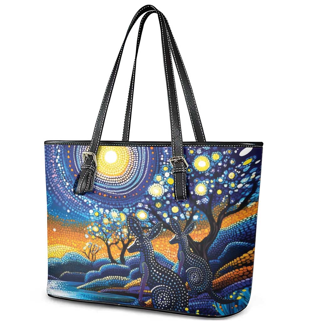 Australian Night Sky Landscape Leather Tote Bag Aboriginal Dreamtime Story