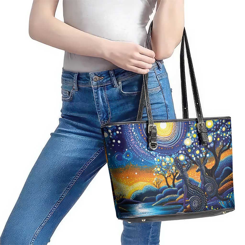 Australian Night Sky Landscape Leather Tote Bag Aboriginal Dreamtime Story