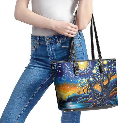 Australian Night Sky Landscape Leather Tote Bag Aboriginal Dreamtime Story