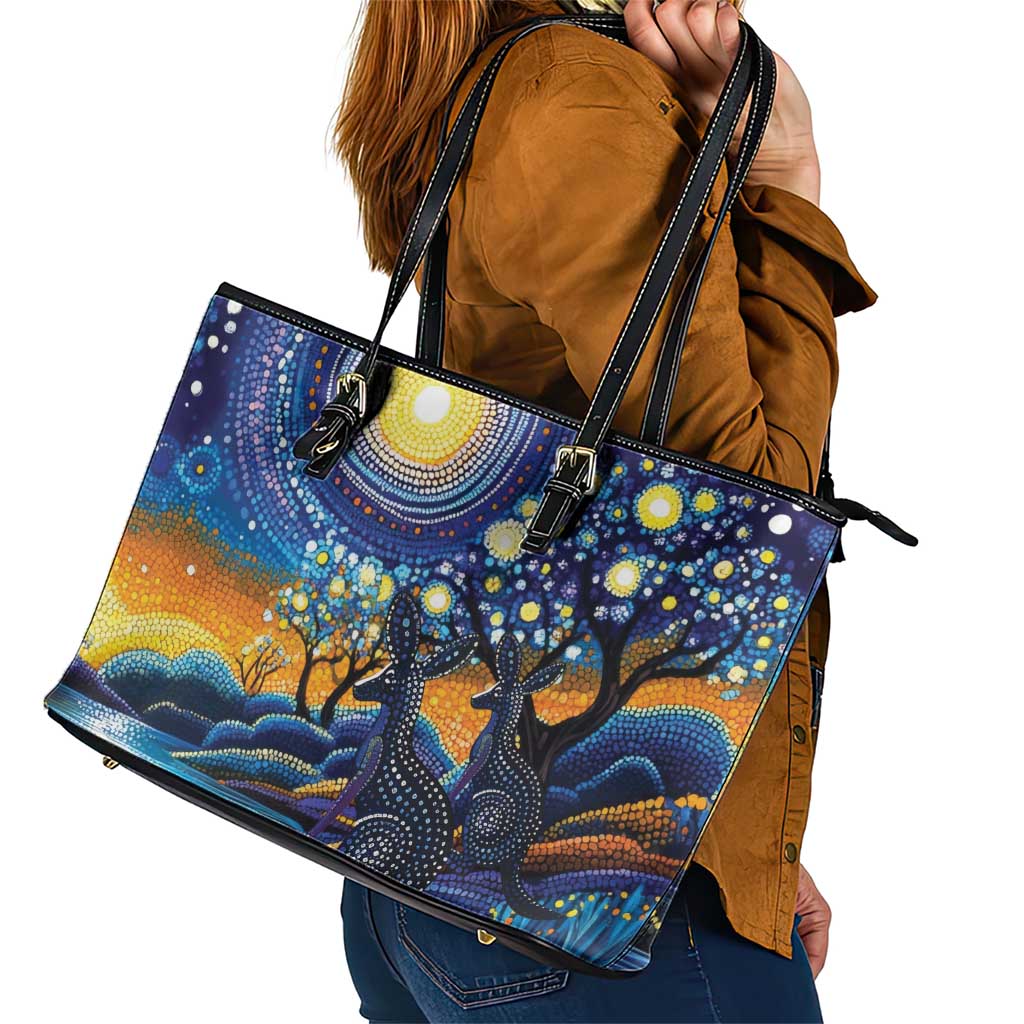Australian Night Sky Landscape Leather Tote Bag Aboriginal Dreamtime Story