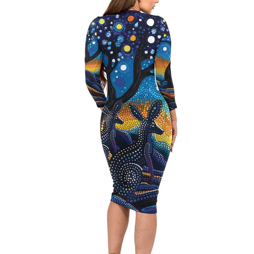 Australian Night Sky Landscape Long Sleeve Bodycon Dress Aboriginal Dreamtime Story