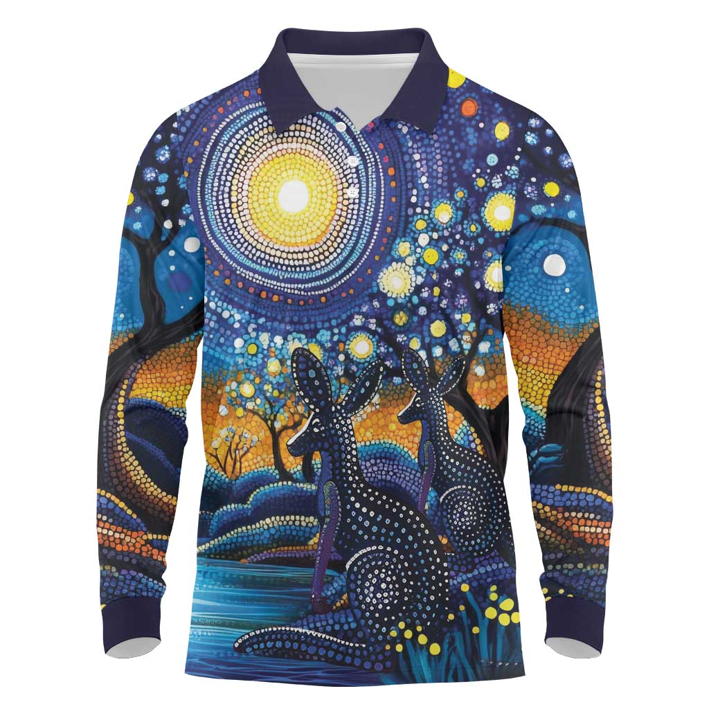 Australian Night Sky Landscape Long Sleeve Polo Shirt Aboriginal Dreamtime Story