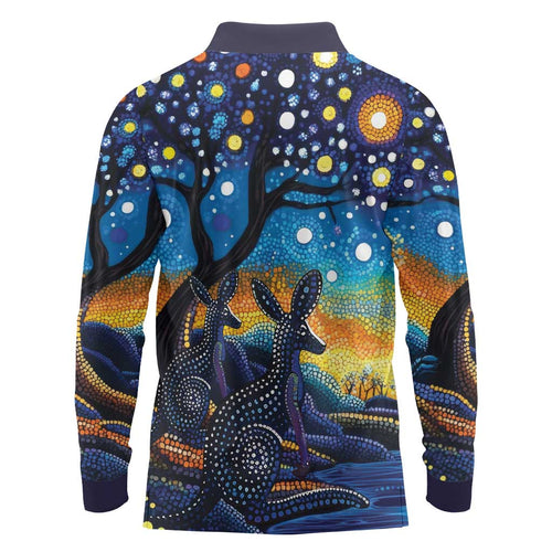 Australian Night Sky Landscape Long Sleeve Polo Shirt Aboriginal Dreamtime Story