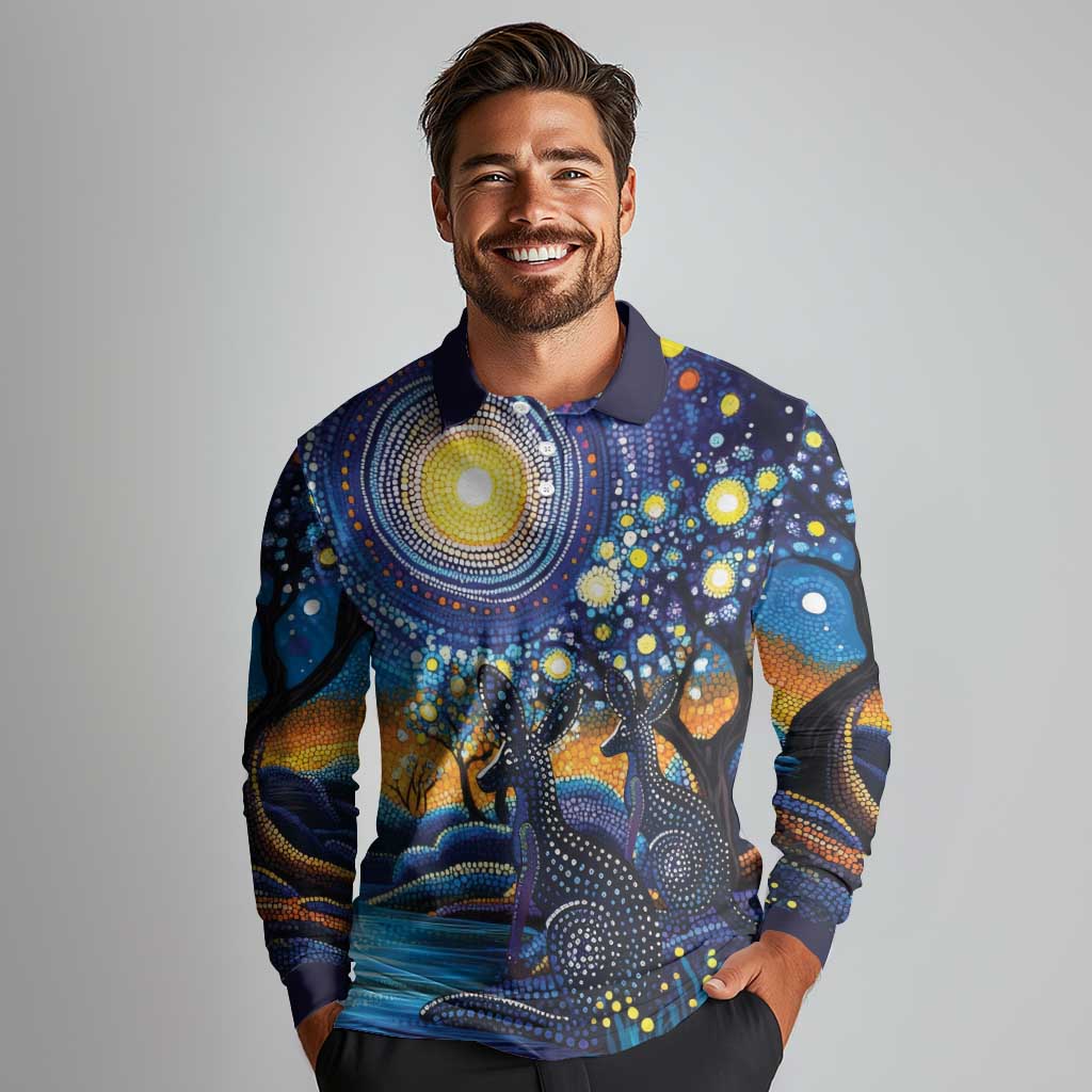 Australian Night Sky Landscape Long Sleeve Polo Shirt Aboriginal Dreamtime Story