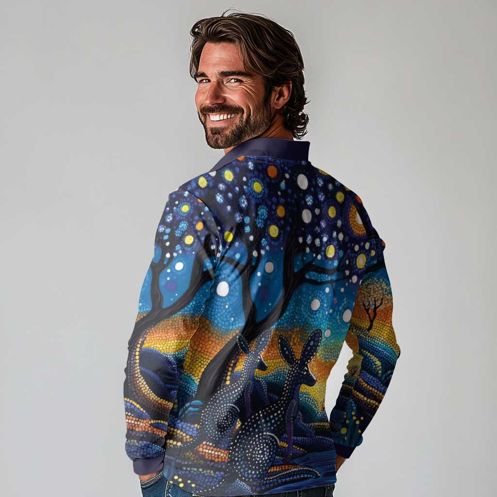 Australian Night Sky Landscape Long Sleeve Polo Shirt Aboriginal Dreamtime Story