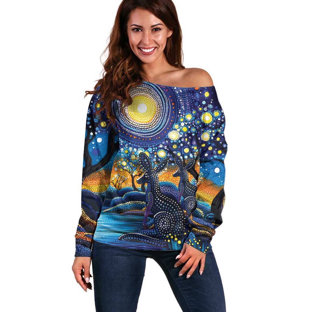 Australian Night Sky Landscape Off Shoulder Sweater Aboriginal Dreamtime Story