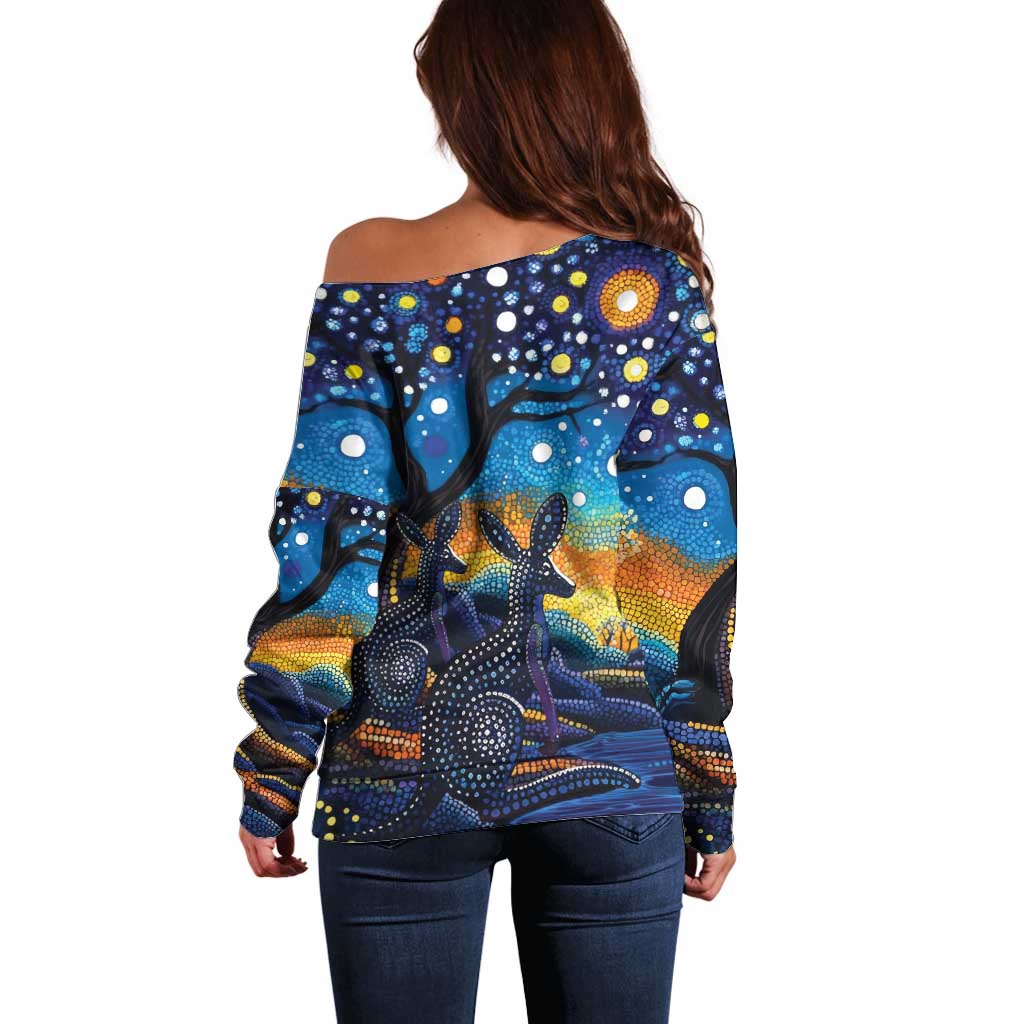 Australian Night Sky Landscape Off Shoulder Sweater Aboriginal Dreamtime Story