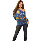 Australian Night Sky Landscape Off Shoulder Sweater Aboriginal Dreamtime Story