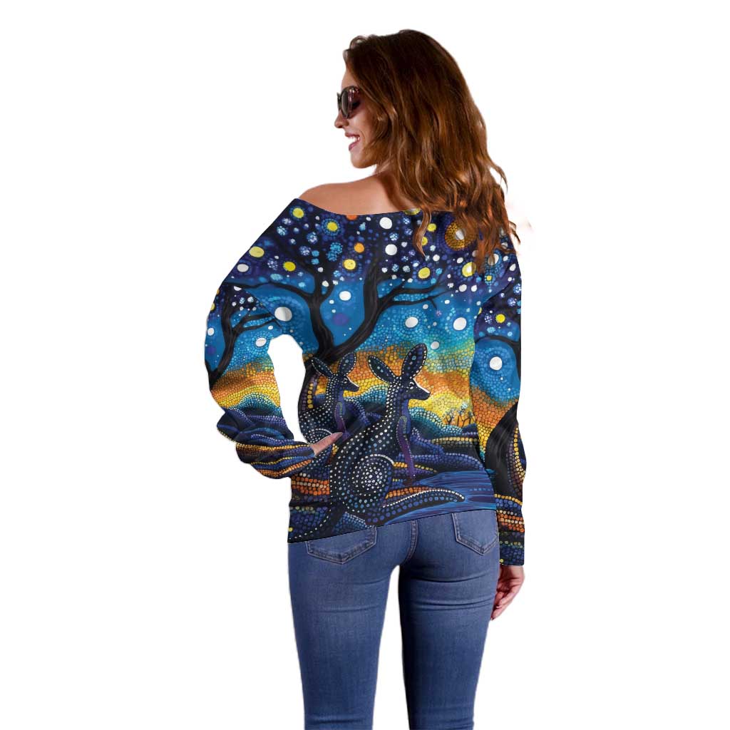Australian Night Sky Landscape Off Shoulder Sweater Aboriginal Dreamtime Story