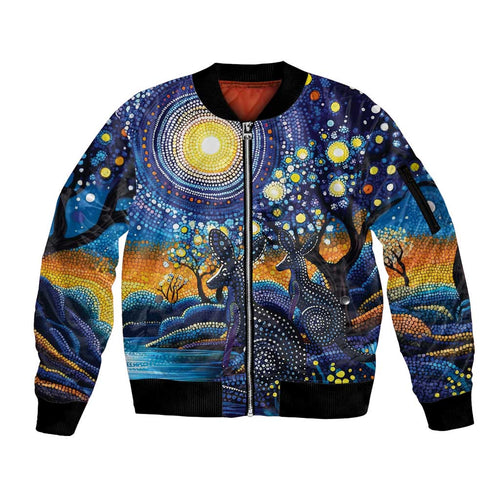 Australian Night Sky Landscape Sleeve Zip Bomber Jacket Aboriginal Dreamtime Story