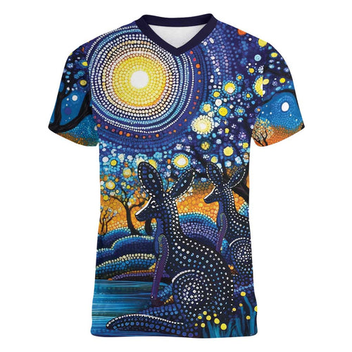 Australian Night Sky Landscape Women V-Neck T-Shirt Aboriginal Dreamtime Story
