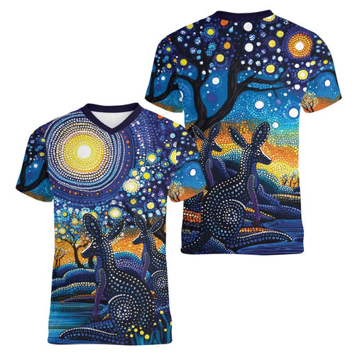 Australian Night Sky Landscape Women V-Neck T-Shirt Aboriginal Dreamtime Story